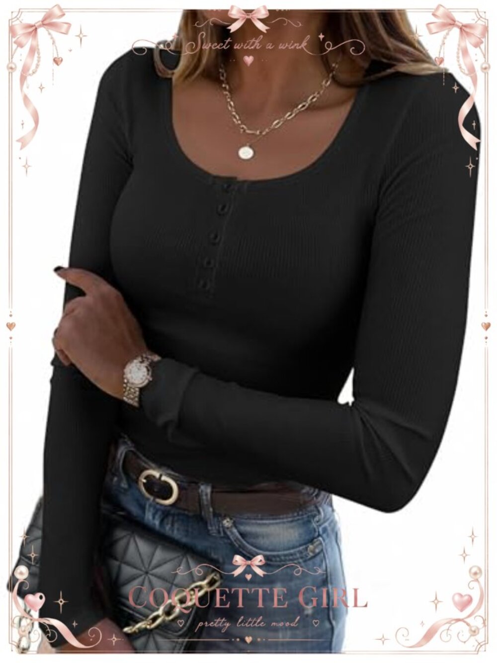Women's Rib Knit Square Neck Long Sleeve Top Slim Fit Basic Tee